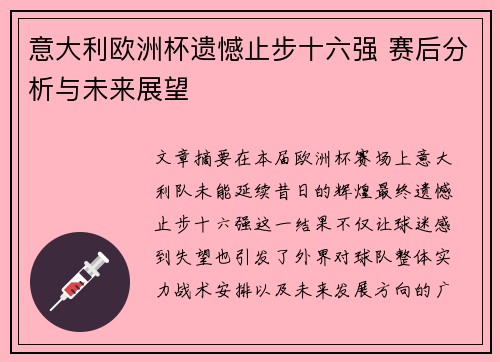 意大利欧洲杯遗憾止步十六强 赛后分析与未来展望