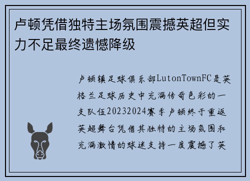 卢顿凭借独特主场氛围震撼英超但实力不足最终遗憾降级