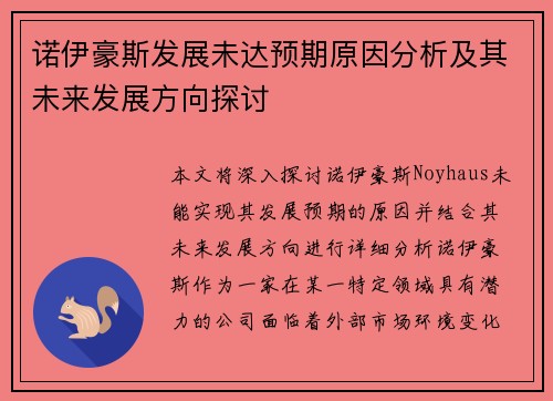 诺伊豪斯发展未达预期原因分析及其未来发展方向探讨 诺伊豪斯发展未达预期原因分析及其未来发展方向探讨